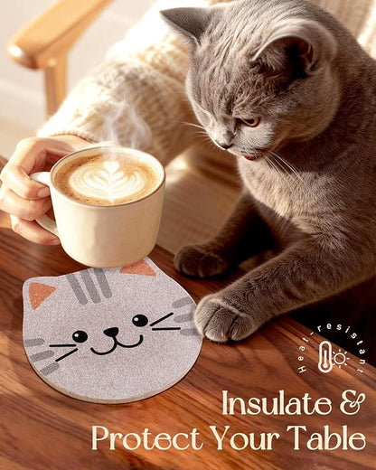 Oqplog Cat Drink Coasters for Desk Coffee Table Set of 6-Funny Cork Cup Holder Coaster for Office Home Outdoor Cute Decor Gifts for Women Family