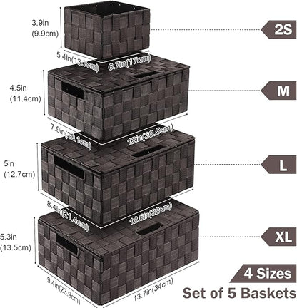 Storage Bins Baskets for Organizing with Lids, Storage Baskets for Shelves Stackable Woven Basket, Gift Small Basket Storage Cubes, Decorative Wicker Basket with Built-in Handles (5 Pack, Brown)
