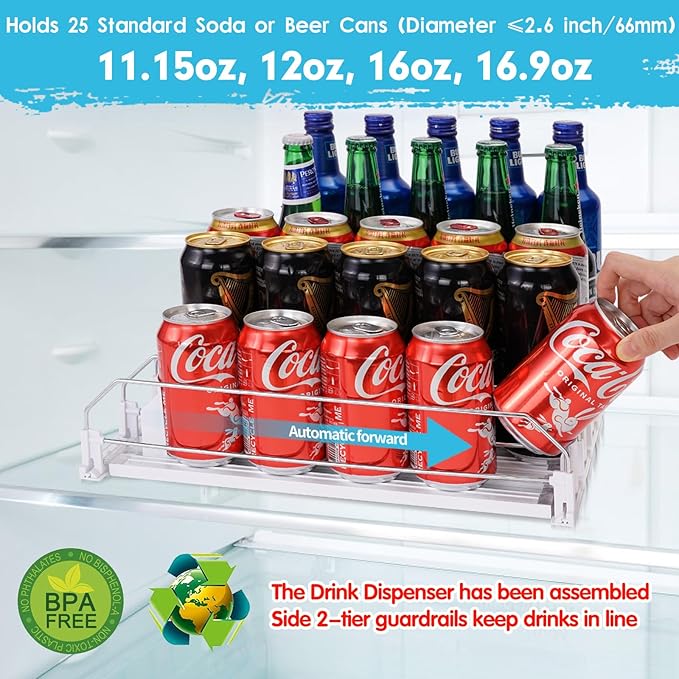 BingoHive Drink Dispenser for Refrigerator, Self-Pushing Soda Can Organizer for Fridge, 5 Rows already Assembled, Automatic Can Dispenser with Spring Loaded for Refrigerator Holds 25 cans, White