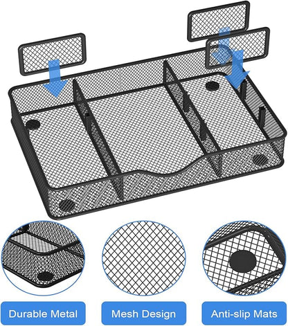 VyGrow Desk Drawer Organizer, Metal Mesh Drawer Organizer Tray with 6 Adjustable Compartment, Tray Organizer for Desktop, Kitchen, Bathroom, Makeup, Vanity - 14.5x8.8x1.96 inch, Black, 1PC Large