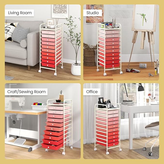 MAT EXPERT 10 Drawer Rolling Storage Cart, Multipurpose Utility Cart w/Plastic Drawers & Universal Casters, 10 Tier Mobile Organizer Cart for Office Home Classroom Beauty Salon