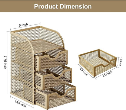 EasyPAG Mesh Desk Organizer with 3 Drawer Office Desktop Organizers and Accessories Stationery Caddy for Office, Home, Students, Gold