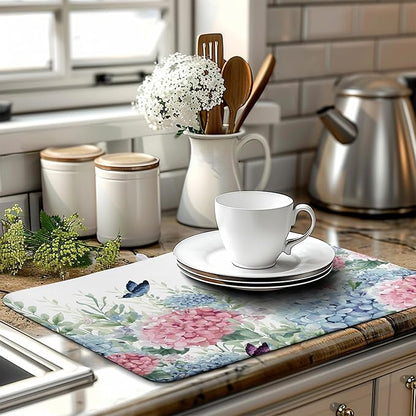 Spring Flowers Dish Drying Mat for Kitchen Counter Blue Pink Hydrangea Floral Drying Mats Absorbent Reversible Microfiber Dish Draining Mat Reusable Washable Dishes Pad Extra Large 18"x24"