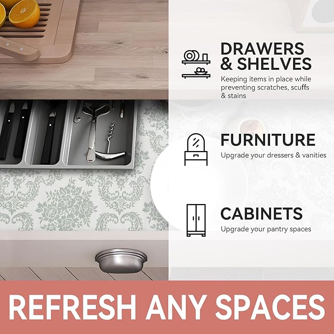RAY STAR Shelf Liner, Non Adhesive Sage Green Damask Floral Kitchen Cabinet Liner for Pantry Drawer Pantry, Non Slip Waterproof, Shelf Liners for Kitchen Cabinets Cupboard 18 Inch x 8 FT (5 Rolls)