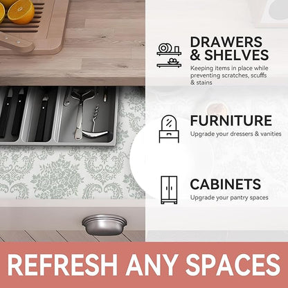 RAY STAR Shelf Liner, 12 Inch x 10 Feet Non Adhesive Sage Green Damask Floral Cabinet Liner for Pantry Drawer Vanity, Strong Grip Non Slip, Durable Shelf Liners for Kitchen Cabinets Cupboard