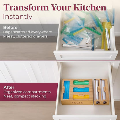 Bamboo Kitchen Storage Bag Organizer, Drawer Organizer with Foil Dispenser, Bamboo Organizer for Sandwich Bags, Plastic Wrap, Baggie and Foil, Premium Kitchen Drawer Organizer