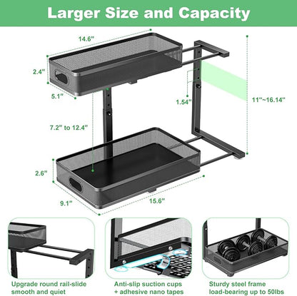 Under Sink Organizer, High Adjustable 2 Tier Under Sink Organizers and Storage, Slide Out Metal Cabinet Organizers, Pull Out Sink Storage Drawer Shelf for Kitchen Bathroom Cabinet, Black, 1 Pack