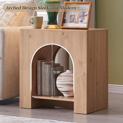 Arched End Table with Type-C Charging Station, 22" Modern Bedroom NightStand with Arched Open Shelf, Night Table with Outlet, USB, Type-C Port for Bedroom, Natural