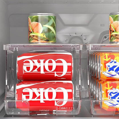 Stackable Refrigerator Organizer, Soda Can Dispenser Pop Cans Container Beverage Holder with Lid for Fridge, Freezer, Kitchen, Clear Plastic Storage Bins-Holds 10 Cans Each (One)