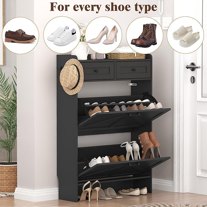 Shoe Cabinet with 2 Flip Drawers & 2 Storage Drawers, Rustic Farmhouse Narrow Shoe Organizer Cabinet, Slim Shoe Rack Cabinet, Shoe Storage Cabinet for Entryway, Hallway, Front Door