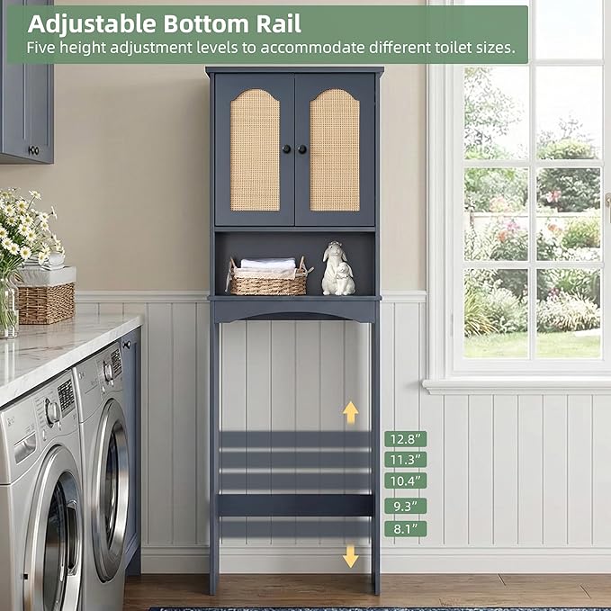 OONNEE Over The Toilet Storage Cabinet, Above Toilet Organizer with 2 Rattan Doors, Modern Blue Finish, 24x70 inch Space Saving Freestanding Bathroom Cabinet