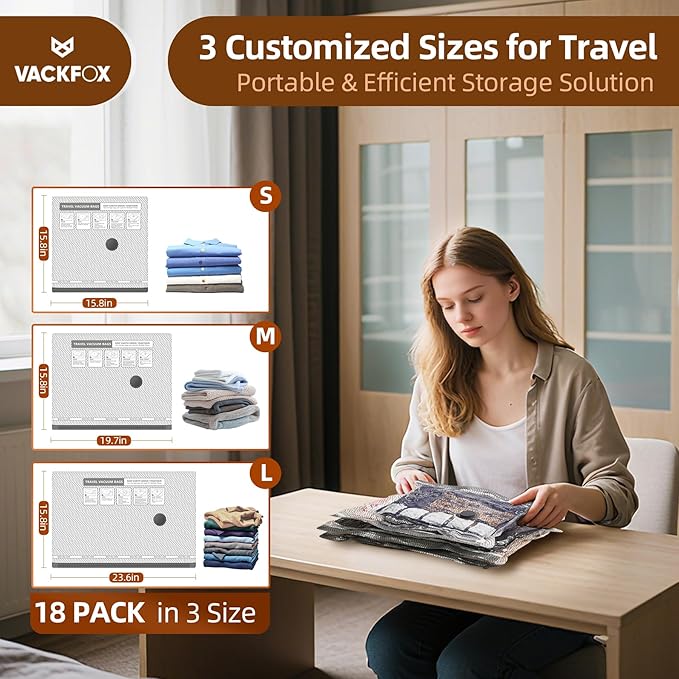 VACKFOX 18 Pack Travel Vacuum Bags for Clothing,Compression Seal Packing Cubes for Luggage Suitcase Backpack,Carry-on Size Space Saver Storage Bags 80% Space Saver for travel,outdoor and home use.