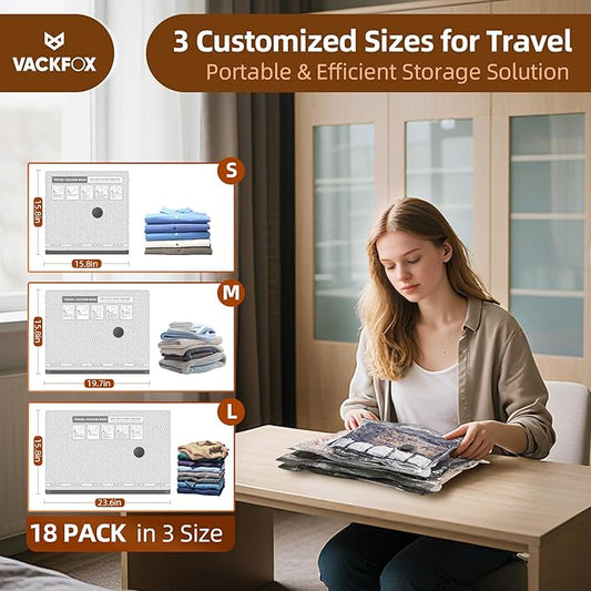 VACKFOX 18 Pack Travel Vacuum Bags for Clothing,Compression Seal Packing Cubes for Luggage Suitcase Backpack,Carry-on Size Space Saver Storage Bags 80% Space Saver for travel,outdoor and home use.
