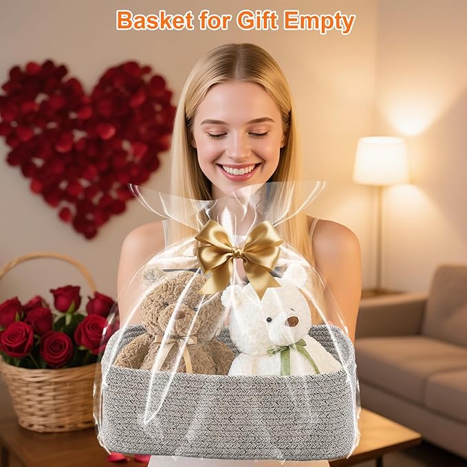 Small Storage Baskets for Organizing, Woven Storage Bins for Shelves, Gift Basket Empty, Cute Decorative Closet Organizer, Baby Rope Basket, Dog Toy Storage, 12.6x8.2x5”, 3Packs Mixed Gray