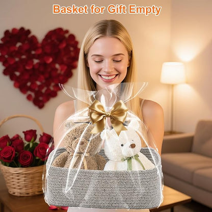 Small Storage Baskets for Organizing, Woven Storage Bins for Shelves, Gift Basket Empty, Cute Decorative Closet Organizer, Baby Rope Basket, Dog Toy Storage, 12.6x8.2x5”, 3Packs Mixed Gray