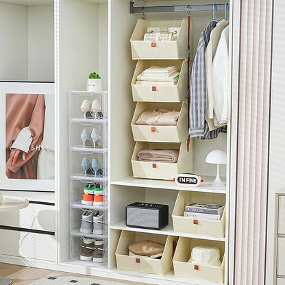 4 Tier Hanging Closet Organizer,Disassemblable Clothes Hanging Shelves,Fabric Closet Organizer System for Space-Saving,Foldable Storage Basket for Bedroom, Rv (2 Pack,Beige)