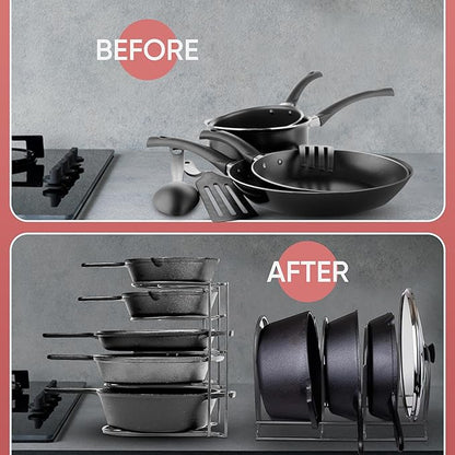 Extreme Matters Heavy-Duty Pots and Pans Organizer | 5-Tier Cookware & Lid Storage Rack | Free-Standing or Wall-Mount | Kitchen Organizer for Cast Iron Skillets, Pots, Frying Pans, Lids | Chrome