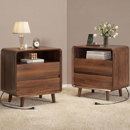 Nasonet Night Stand Set of 2 with Charger Station, Mid Century Modern Nightstand with 2 Drawers, Wood Bedside Table for Bedroom, Curved Beveled Design, Walnut