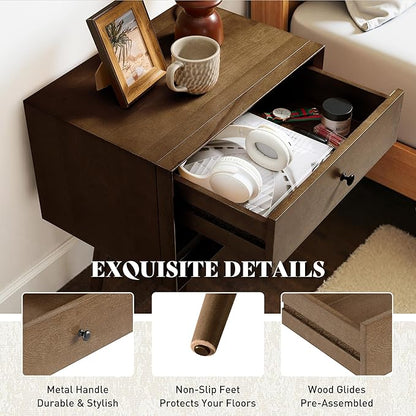 AMERLIFE Solid Wood Nightstand Set of 2, Fully Assembled End Table with Storage Drawer & Open Cubby, Mid-Century Modern Side Table for Bedroom, Walnut