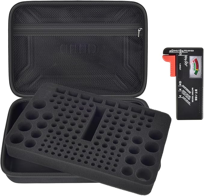 Battery Organizer Box Storage Case with Tester, Batteries Vault Holder Bag Container for 158+ Batteries Variety Pack AA AAA AAAA C D 9V 3V Lithium LR44 CR2 CR123 CR1632 18650 (Black)