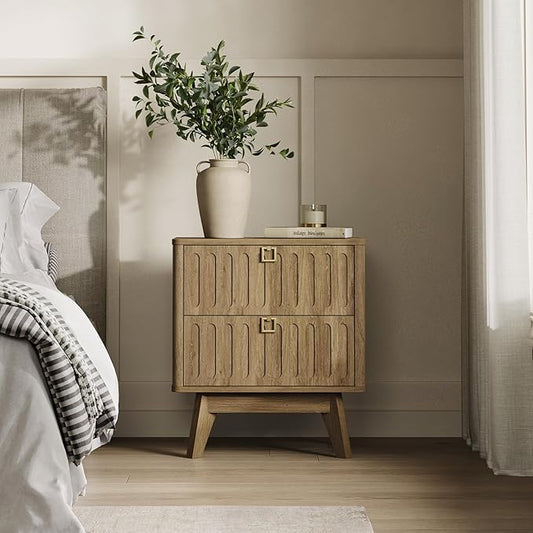 SICOTAS Nightstand Set of 2, Modern Bedside Tables with 2 Drawers, Stable Bedroom Nightstands with Textured Drawer Front and Gold Hardware for Bedroom, Apartment