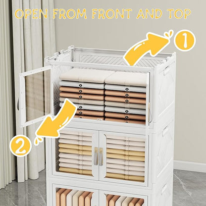 Vavkorkula Large Stackable Storage Bins with Lids, 440QT-110QT*4Tier Foldable Cabinet for Closet Organizers, Plastic Storage Containers Box with Wheels