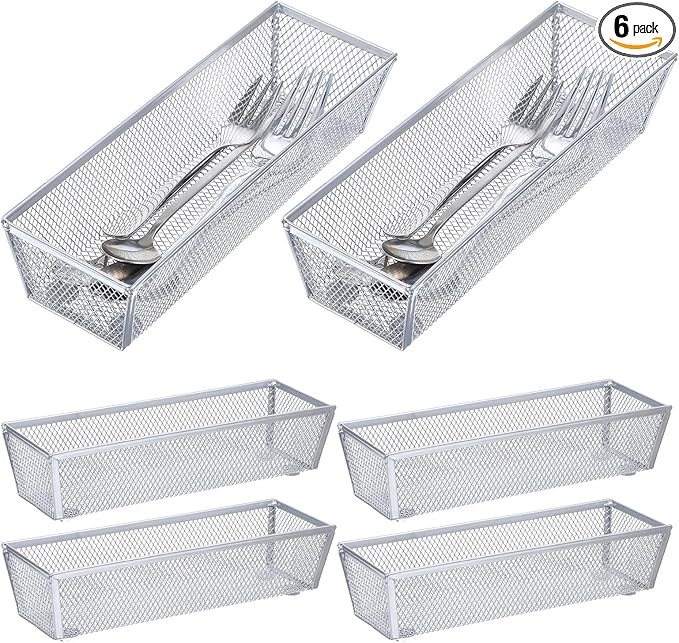 6 PCS Mesh Flatware Organizer, Silver Mesh Drawer Organizer for Kitchen, Metal Utensil Organizers for Flatware, Knives, Spoons,Cosmetic for Kitchen Utensil Tray (Silver, 9 x 3 x 2 inch)