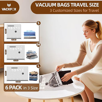 VACKFOX Travel Vacuum Storage Bags,6 Pack Carry-On Size Compression Packing Bags for Luggage and Suitcase, Space Saver for Clothes and Clothing Travel 80% Space Saver.