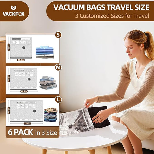 VACKFOX Travel Vacuum Storage Bags,6 Pack Carry-On Size Compression Packing Bags for Luggage and Suitcase, Space Saver for Clothes and Clothing Travel 80% Space Saver.