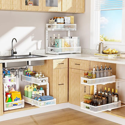 Under Sink Organizer, High Adjustable 2 Tier Under Sink Organizers and Storage, Slide Out Metal Cabinet Organizers, Pull Out Sink Storage Drawer Shelf for Kitchen Bathroom Cabinet, White, 2 Pack