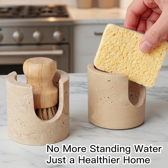 BekPooQ Luxury Travertine Sponge Holder – Fast-Drying, Rust-Proof Kitchen Sink Caddy, Non-Slip Base, Compact Stone Sponge Caddy for Kitchen Sink Counter, for Modern & Farmhouse Homes, Beige
