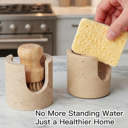 BekPooQ Luxury Travertine Sponge Holder – Fast-Drying, Rust-Proof Kitchen Sink Caddy, Non-Slip Base, Compact Stone Sponge Caddy for Kitchen Sink Counter, for Modern & Farmhouse Homes, Beige