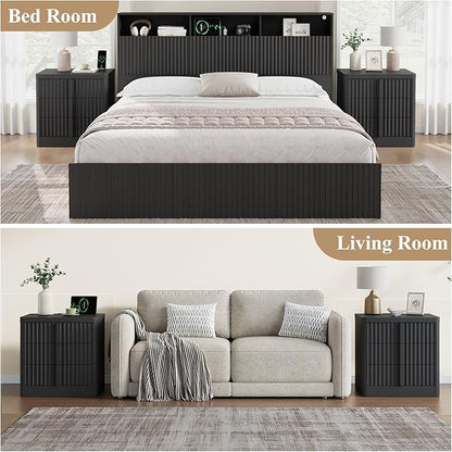 Harpaq Fluted Nightstand Set of 2 with Charging Station, 23.6" Wood Bedside Table with Solid Wood Handle, Mid Century Moden End Table, 3 Drawer Dresser for Bedroom, Living Room, Black