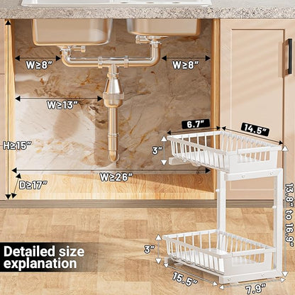 Under Sink Organizer 2 Pack, 2 Tier Adjustable Height Reinforced Carbon Steel Under Kitchen Bathroom Sink Storage Organizer, Smooth Pull-Out Under Sink Cabinet Rack Drawer Organizer, White