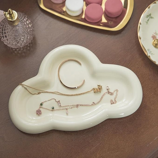 Cloud Trinket Dish, Chubby Jewelry Tray, Ceramic Jewelry Ring Trinket Dish for Rings Earrings Necklace Organizer, Mother's Day Thanksgiving Christmas Birthday Bridesmaid Gifts (Crème)