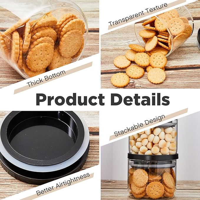 Rtteri 6 Pcs Glass Jars with Black Lids 15oz 27oz 41oz Canisters with Black Airtight Lids Stackable Glass Food Storage Containers Pantry Storage Jars PP Material Airtight