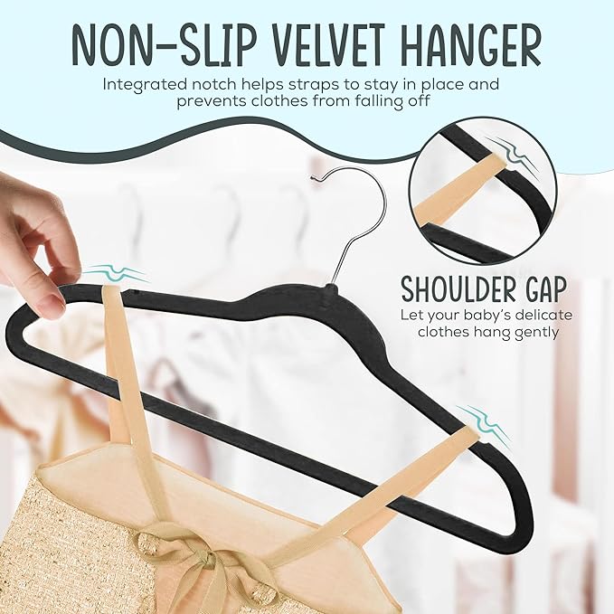 TechZoo 25 Premium Kids Velvet Hangers - 14" Non-Slip Clothes Hangers for Kids & Preteens - Ultra Slim, Space-Saving, Strong & Durable Hangers with 360° Swivel Hook - Black