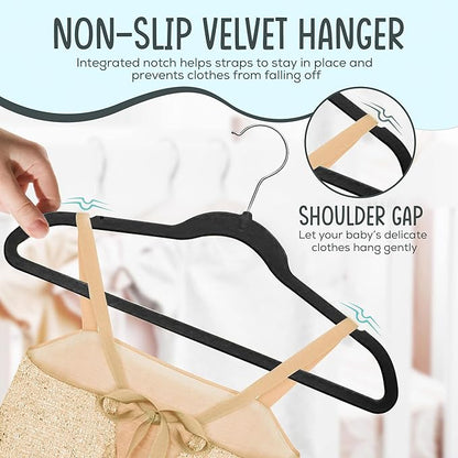 TechZoo 25 Premium Kids Velvet Hangers - 14" Non-Slip Clothes Hangers for Kids & Preteens - Ultra Slim, Space-Saving, Strong & Durable Hangers with 360° Swivel Hook - Black