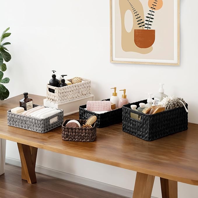 GRANNY SAYS Wicker Baskets for Organizing, Wicker Storage Basket for Shlef, Woven Baskets Oraganizer, Waterproof Vanity Basket for Towel, Home Organization, Black, 3-Pack