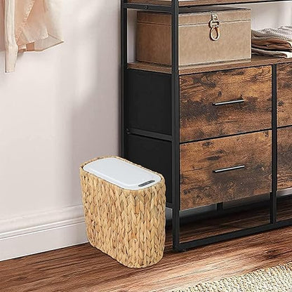 Boho Kitchen Trash Can with Lid,3.5 Gallon Automatic Small Rattan Trash Can,Slim Wicker Motion Sensor Garbage Can and Hamper 2 in 1 for Bathroom,Narrow Waste Basket for Office, Living Room