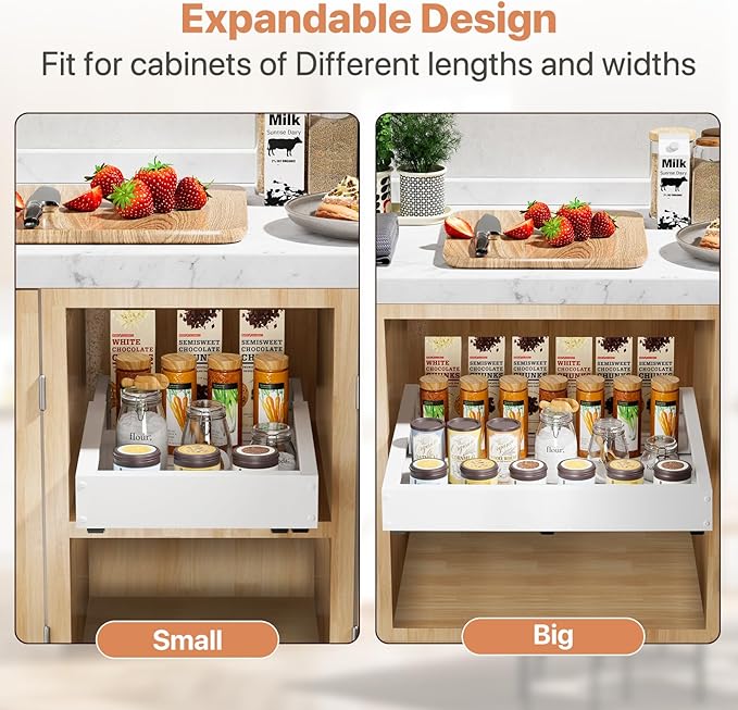 BUFOR 1 Pack Pull out Cabinet Organizer, Width (12"-19") Depth (17"-23"), with 3 Rails Adjustable Slide, Expandable Pullout Drawers for Cabinets, No Drill Adhesive Kitchen Drawers for Pantry Shelves