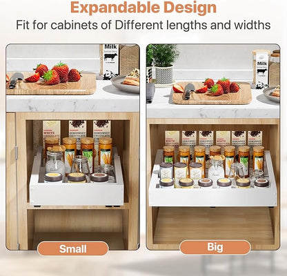 BUFOR 1 Pack Pull out Cabinet Organizer, Width (12"-19") Depth (17"-23"), with 3 Rails Adjustable Slide, Expandable Pullout Drawers for Cabinets, No Drill Adhesive Kitchen Drawers for Pantry Shelves