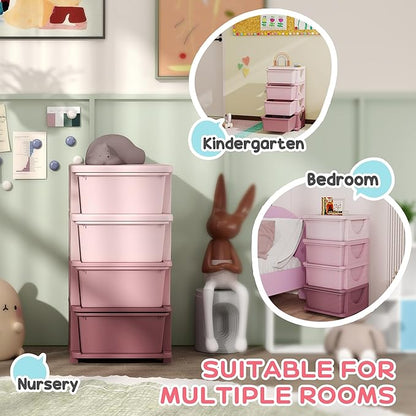 Qaba 4 Tier Kids Storage Unit, Toy Organizers and Storage with 4 Drawer Chest for Kids Bedroom Nursery Kindergarten Living Room for Boys Girls Toddlers, Pink