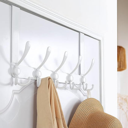 Dseap Over The Door Hook Hanger - Fits 1 3/8" to 1 3/4" Standard Doors | 5 Tri Hooks Heavy Duty Towel/Coat Rack | Door Organizer for Clothes, Jackets, Hats, Towels, White, Pack of 2