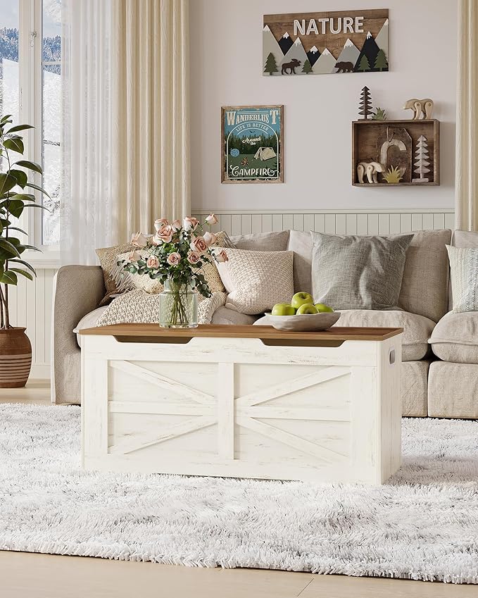 39.4" Storage Chest, Extra Large Storage Trunk with 2 Hinges, Wooden Box Bench, Lift-Top Organizer Chest, Shoe Bench for Entryway, Bedroom, Living Room, White and Brown SB03414X