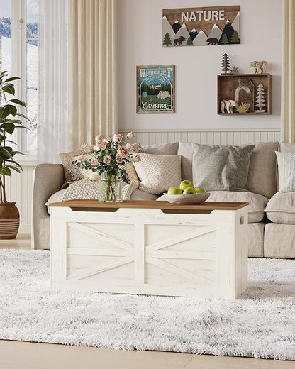 39.4" Storage Chest, Extra Large Storage Trunk with 2 Hinges, Wooden Box Bench, Lift-Top Organizer Chest, Shoe Bench for Entryway, Bedroom, Living Room, White and Brown SB03414X