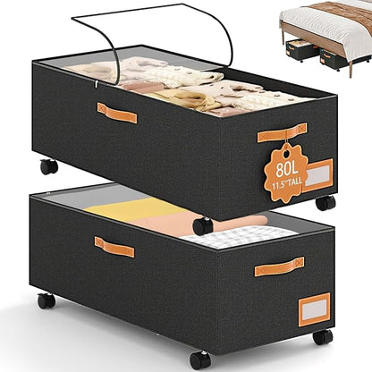 Under Bed Storage with Wheels,12inch Tall Under Bed Storage XXL 80L, Under Bed Storage Containers with Clear Lids,No Assemble Rolling Storage Bins Large Capacity for Closet, Blankets,Shoes,Toys
