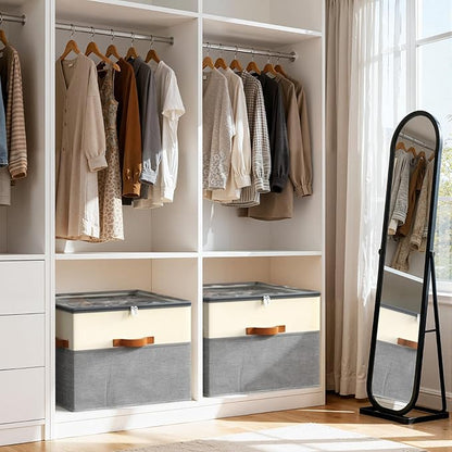 Lewondr Shoe Organizer for Closet, Foldable Shoe Storage Box with Adjustable Dividers and Clear Cover, Space Saving Shoes Holder with 4 Handles, Fits up to 32 Pairs, Beige+Gray
