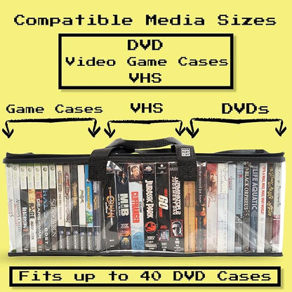 Made Easy Kit Clear View Media Storage Bag for DVDs, VHS & Video Game Cases- Protect Your Collection & Preserve The Quality of Your Cases - Stackable, Space-Saving, Fits 40 (Black DVD, 4-Pack)