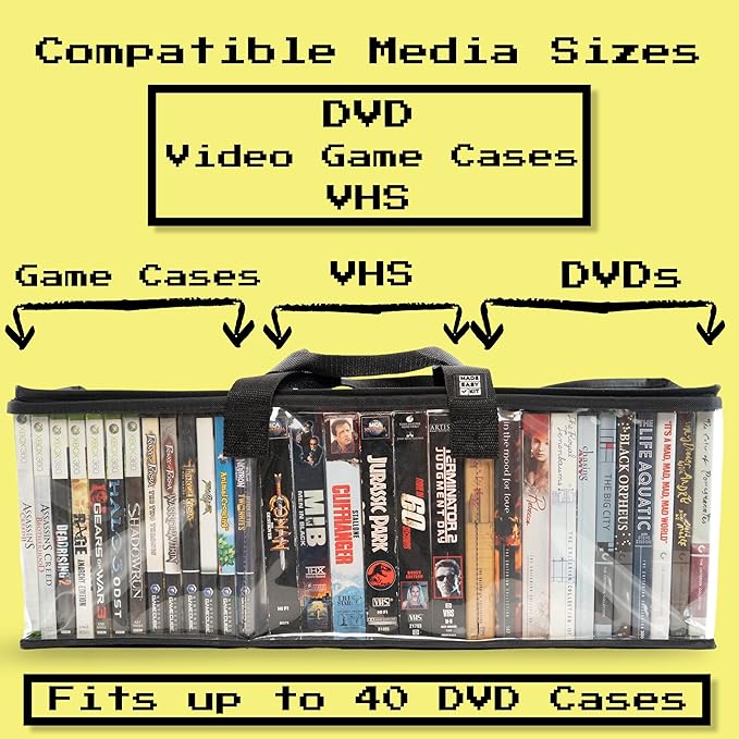 Made Easy Kit Clear View Media Storage Bag for DVDs, VHS & Video Game Cases- Protect Your Collection & Preserve The Quality of Your Cases - Stackable, Space-Saving, Fits 40 (Black DVD, 2-Pack)